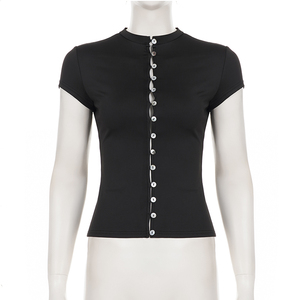 Black Mock Neck Cut Out Shell Button Front Slim Fit Short Sleeve T Shirt Street Fashion Sexy Y2K Hot Girl <b>Crop</b> <b>Top</b> for Women - Product Image 6