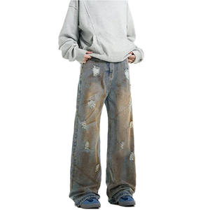 OEM/ODM กางเกงยีนส์ซักโคลนสำหรับผู้ชายกางเกงยีนส์ทรงหลวมทรงตรงแบบเรียงซ้อนสำหรับเด็กผู้ชายกางเกงยีนส์ขาดๆฮิปฮอป - Product Image 3