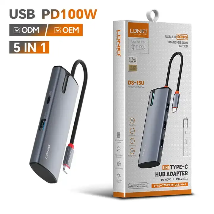 LDNIO DS-15U PD100W HUB USB ke HDTV, stasiun Dok multifungsi USB-C 5 dalam 1 Tipe c