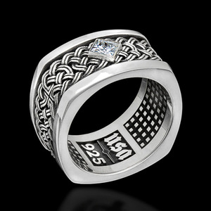 Anello da Uomo H127 in Argento 925 con Diamante Taglio Principessa, Design Geometrico, per Uso Quotidiano, Montatura a Castone - Product Image 1