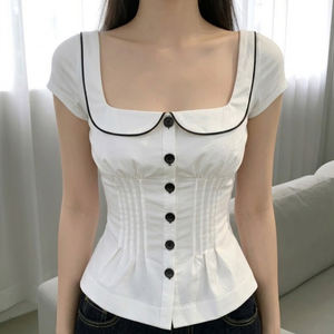 Linda Camisa de Cuello Peter Pan en Blanco y Negro con Bloques de Color, Cintura Plizada, Diseño con Botones, Manga Corta, Top de Verano para Niñas - Product Image 6