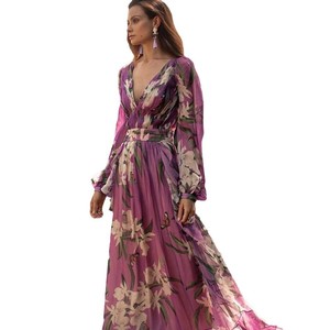 Vestido estilo francés con cuello en V y mangas largas, cintura natural, estampado liso, estilo vacacional otoño/invierno, falda maxi acampanada - Product Image 2