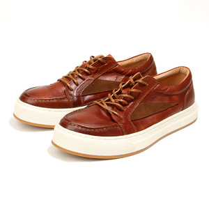 Baskets en cuir de cheval lavé pour hommes, style rétro vieilli, noir et marron rougeâtre, à lacets, semelle épaisse et amortie - Product Image 4