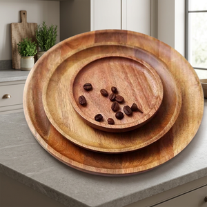 Ensemble d'assiettes rondes en bois, design minimaliste fait main, vaisselle en bois massif pour les fêtes - Product Image 3