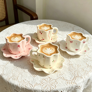 Ensemble de vaisselle en céramique ondulée à motif floral et nœud cerise, avec assiette et tasse étoilée rose, pour le petit-déjeuner, le thé de l'après-midi et la maison - Product Image 6