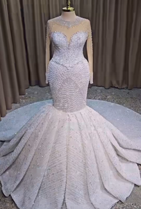 Su misura lussuoso Plus <span class=keywords><strong>Size</strong></span> abito da sposa abiti da sposa per la sposa sirena illusione collo trasparente di pizzo in rilievo - Product Image 1