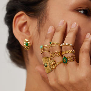 סיטוני נירוסטה מצופה זהב 18k טבעת פתוחה אבן טבעית טבעת מלכיט פנינה טבעות צ 'אנקי למסיבת מתנה - Product Image 2