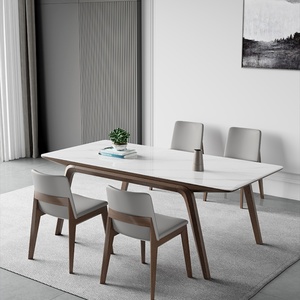 Mesa de Comedor Rectangular de Pizarra Blanca y Madera Maciza de Estilo Nórdico con Sillas - Product Image 1