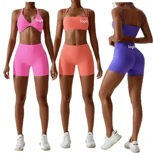 Женская спортивная одежда из 2 предметов на заказ, спортивная одежда, короткий топ без рукавов, бюстгальтер для фитнеса и йоги, шорты, леггинсы, комплекты для женщин