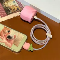 Korean Kawaii Cute 3D Pink Purple Tulip USB Charger Data Protection Case pour Apple 18W 20W Made Durable Silicone Spiral Charger