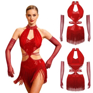 Women Practice Wear Training Latin Dance Fringed Dress With Long Gloves <b>Sequined</b> Dresses For Performance Competition Stage Shows - Product Image 4