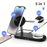Station de charge sans fil magnétique 25W avec veilleuse LED, station de charge multi-appareils pour tablette, iPhone, montre, écouteurs