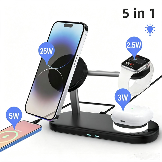 .2 25W Magnetic Wireless Charging Station LED Night Light Multi-Device Charging Dock for iPhone Watch Plastic Fast Charging