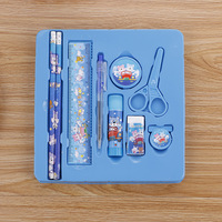 Vente en gros de 9 pièces de papeterie de dessin animé mignon pour l'école coffret cadeau créatif fantaisie rouge bleu rose jaune ensemble de papeterie de couleur