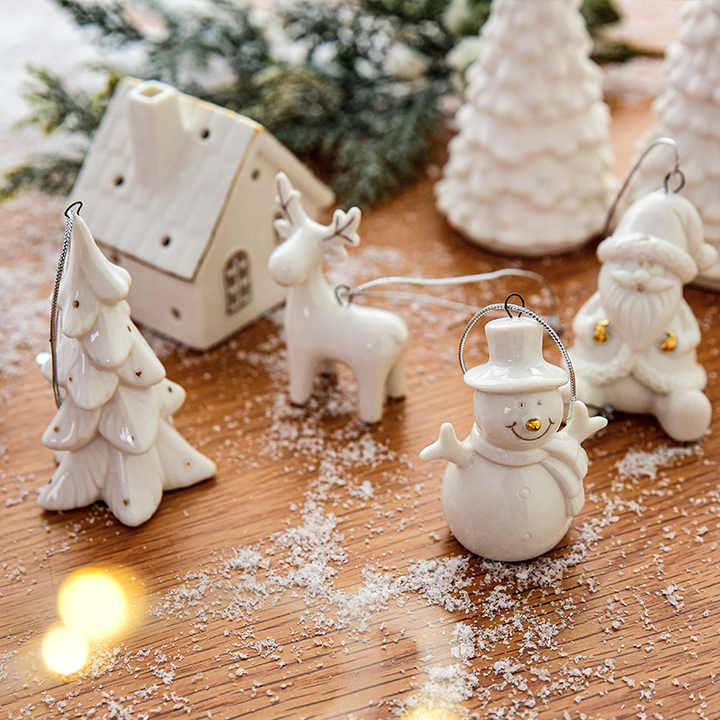 Mini Santa Snowman Ceramic Christmas Ornament White Ceramic House Decor for Home Atmosphere Party Decorations Hanging Feature