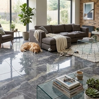 Carreaux de sol 60x60 gris foncé bleu marbre brillant en porcelaine, design tendance, pour salon de villa - Meilleures ventes