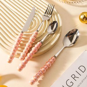 Ceramic Pearl Design Handle Knife Fork <b>Spoon</b> Fairy High Appearance Level Dinner <b>Soup</b> <b>Spoon</b> Western Steak Knife with Hand Salute - Product Image 5