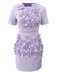 Estilo simple y elegante, minifalda a la cintura, novedad 2025, decoración floral tridimensional en patchwork, vestido corto con cuello redondo - Product Image 5