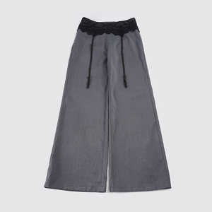 Pantalon large chic français gris à taille haute avec cordon de serrage et ceinture en dentelle, coupe ajustée polyvalente, style décontracté - Product Image 6