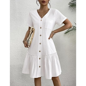 Women's Loose Summer Cotton Linen Ruffle Hem Casual Short Sleeve Buckle Dresses Fashion - Product Image 2