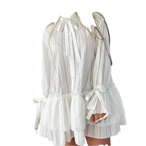 Vestido Casual de Verano 2025 para Mujer, Cuello Alto, Tejido Transpirable, Servicio OEM, Algodón Blanco, Manga Corta, con Cordones y Botones - Product Image 1