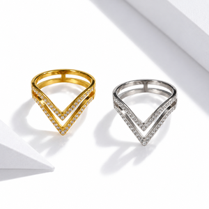 Gold and Silver Stainless Steel Cubic Zirconia Double Chevron <b>Ring</b> - Product Image 1
