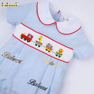 Babeeni Boys Customized Hand Smocked Character Vehicles Red Lines Embroidery Set 100% Cotton Luxury Washable OEKO-<b>TEX</b> Certified - Product Image 1