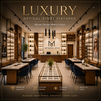 Complet pour magasin d'optique moderne : Étagère murale en bois pour montures métalliques, vitrine îlot en verre et comptoir d'accueil pour magasin de lunettes