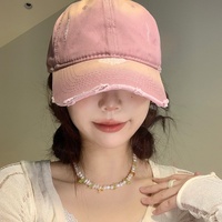 Gorra de Béisbol Desgastada con Estilo Desgarrado, Color Rosa, Visera Ancha, Mezcla de Algodón, Ajustable, para las Cuatro Estaciones, Estilo Neutral para Mujer