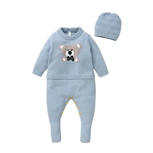 Vente en gros de vêtements pour bébés garçons de 0 à 3 mois barboteuse en tricot avec oursons mignons et bonnet