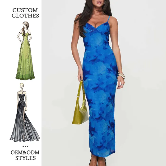 Customized Ladies' Elegance Blue V Neck Spaghetti Strap Cutout Dress Floral Print Off Shoulder Long Dress Party Were Dress