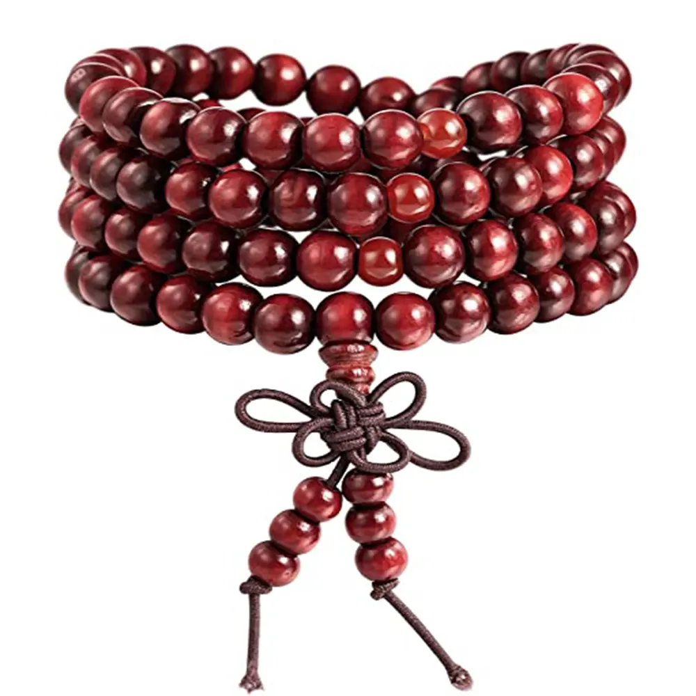 8MM 108 Bracelet de perles de bois pour hommes femmes chapelet bouddha Bracelet en bois de santal pour prière bouddhiste collier Mala cadeau de nœud chinois