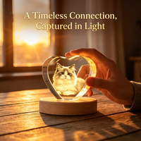 Base de veilleuse en bois massif pour photo commémorative de chat ou chien, avec gravure intérieure en forme de cœur – Cadeau pour animaux de compagnie – Vente en gros