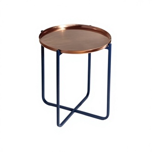 Mesa de centro redonda moderna con tapa de cobre y estructura metálica azul marino, mesa decorativa, accesorios para muebles de oficina y hogar - Product Image 1