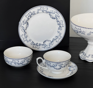 Service de table en céramique bleu floral vintage français, assiette, bol, tasse, soucoupe, vaisselle en porcelaine rétro pour mariage, restaurant - Product Image 1
