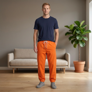 Pantalones Deportivos Casuales de Felpa Gruesa Color Naranja para Hombre, con Cordón Ajustable en la Cintura y Puños Elásticos - Product Image 3