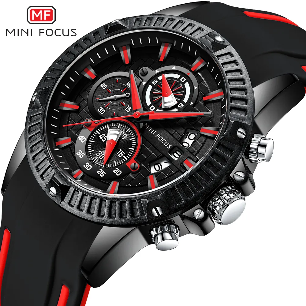 MF0244G Jam Tangan Kuarsa Analog Pria, Arloji Olahraga Tali Karet Tahan Air dengan Chronograph untuk Pria