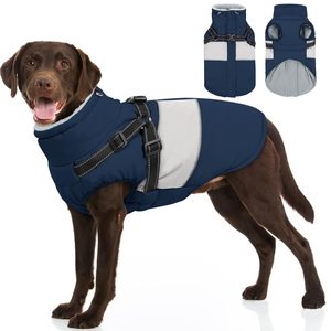 Venda quente Estilo Clássico Windproof Inverno Pet <span class=keywords><strong>Jacket</strong></span> Personalizado Poliéster Denim Jeans com Arnês Padrão Impresso para Cães - Product Image 2