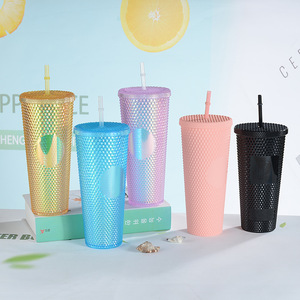 Bicchiere in Plastica a Doppia Parete da 24oz con Coperchio e Cannuccia, Tumbler da Viaggio Opaco con Finitura Rigata - Product Image 6
