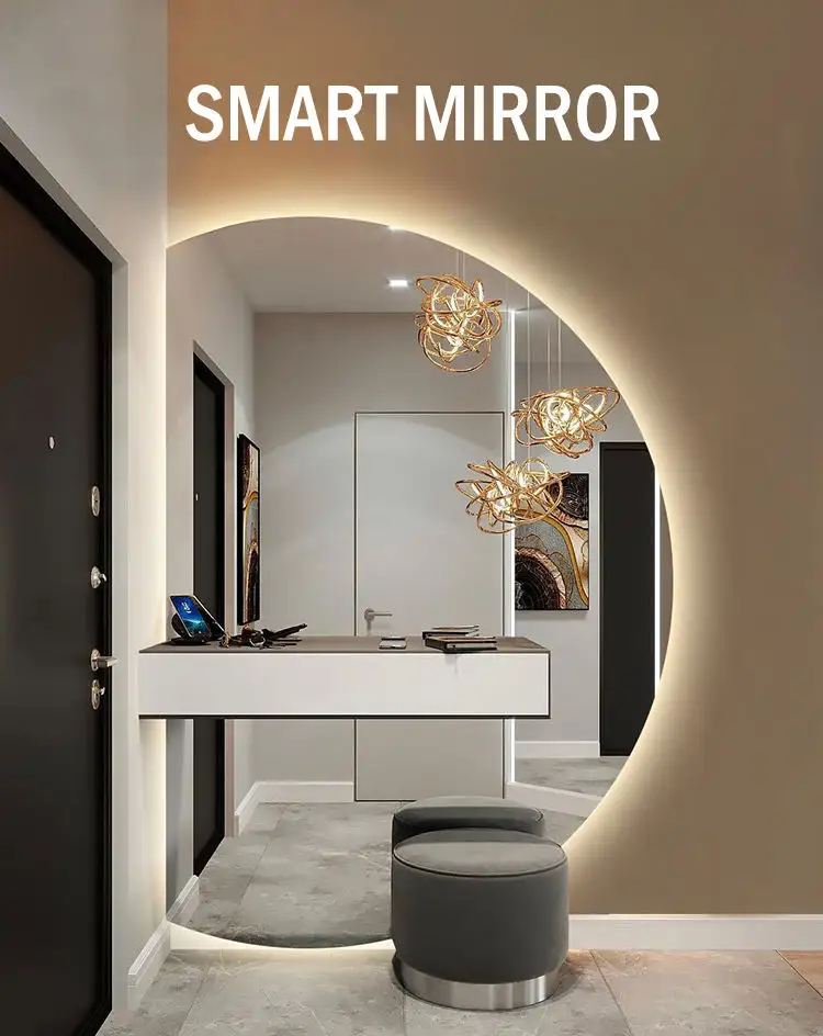 Hotel Wall Mounted Anti Fog Half Moon Mirror Silver Lenses Illuminated Backlit Led Bath Mirror