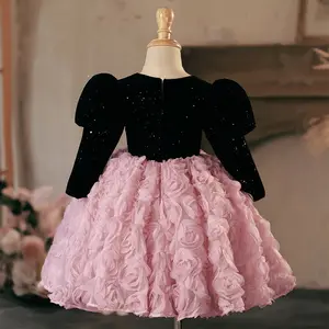 Черное платье принцессы с блестками, платье с 3D цветами для малышей на 1 год, платье на день рождения, Пышное Бальное Платье для девочек, платья для вечеринки