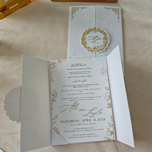 Invitations de mariage de luxe avec couverture en velours blanc, <span class=keywords><strong>double</strong></span> porte, motif floral et monogramme doré - Product Image 4
