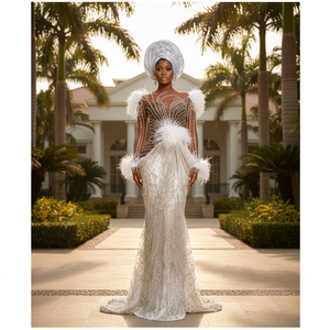 Elegante Vestido de Novia Africano, Tela Dirac Somalí, Seda Estampada, Algodón, Poliéster, Bordado, Encaje de Lujo, Ecológico, Ajustado - Product Image 3