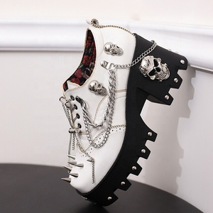 Large Size 46 Style Metal Decor Pumps Fashion Rivets Chunky Heels <b>Shoes</b> Women Lace up Chain Causal Booties - Product Image 4