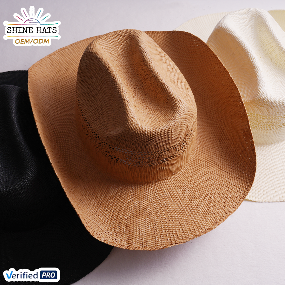Shinehats 2025 OEM Luxury Cowboy Ridge Western Hollow Design Women Custom  Logo Solid Color Woven Cowgirl Straw Hat with Pattern