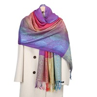 Écharpe Pashmina tendance multicolore à motif cachemire avec pompons, style ethnique, brodée dégradée, 180 cm – Meilleure vente pour femme