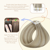 Extensions de cheveux humains Remy à bandes adhésives invisibles, blond cendré avec mèches blond platine