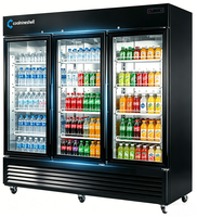 Réfrigérateur commercial vertical de luxe pour cuisine, en acier inoxydable noir, avec porte vitrée battante, facile à nettoyer, 3 portes.