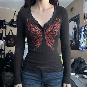 Camiseta con Estampado Y2K, Efecto de Dos Piezas, con Parches de Encaje y Bloques de Color, Manga Larga, Estilo Vintage, Casual, para Mujer - Product Image 2