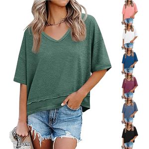 Camiseta de Manga Corta con Cuello en V para Mujer, Diseño Casual de Primavera/Verano, Color Sólido, Transpirable, de Secado Rápido, Algodón de Color - Product Image 5